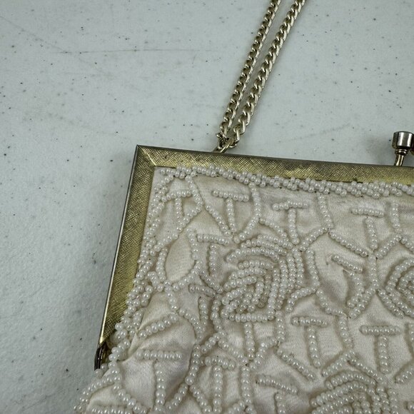 Vtg Mister Ernest Handbag Purse Clutch White Beaded Gold Clasp Gold Chain Prom - Picture 9 of 16